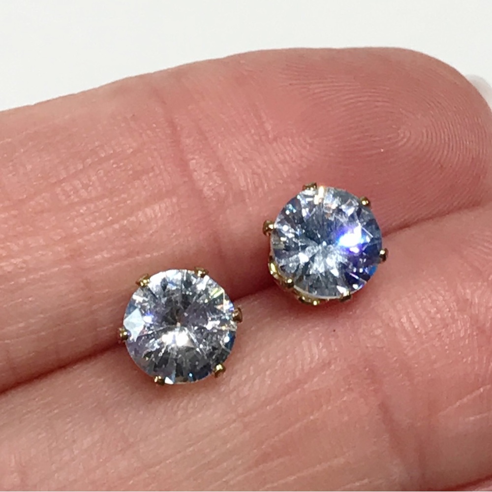 Vintage C&L 7mm Round Cut Prong Set CZ Stud Post Earrings Gold Tone Stainless
